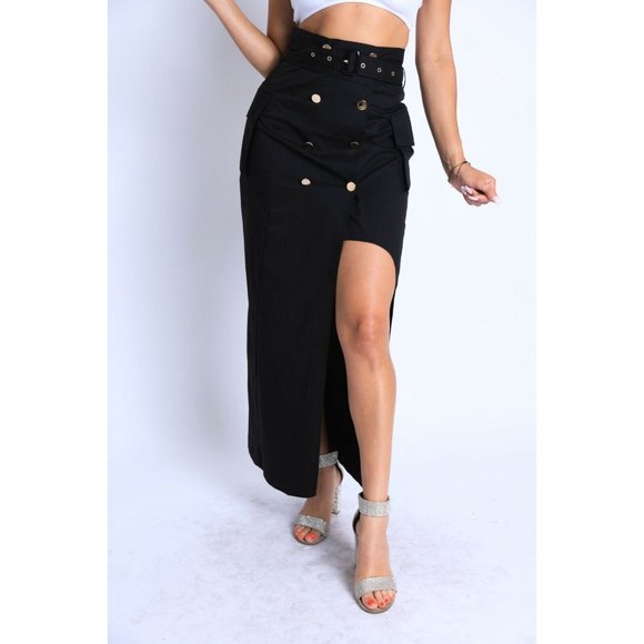 Women Asymmetric Self Belted Pockets Detailed Maxi Skirt Formal Casual - Picture 6 of 10